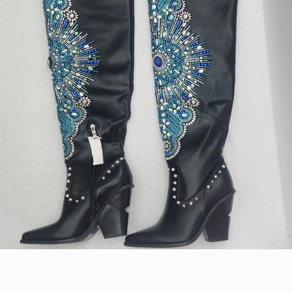 Black Over-the-Knee Boots with Blue Beaded Embellishment